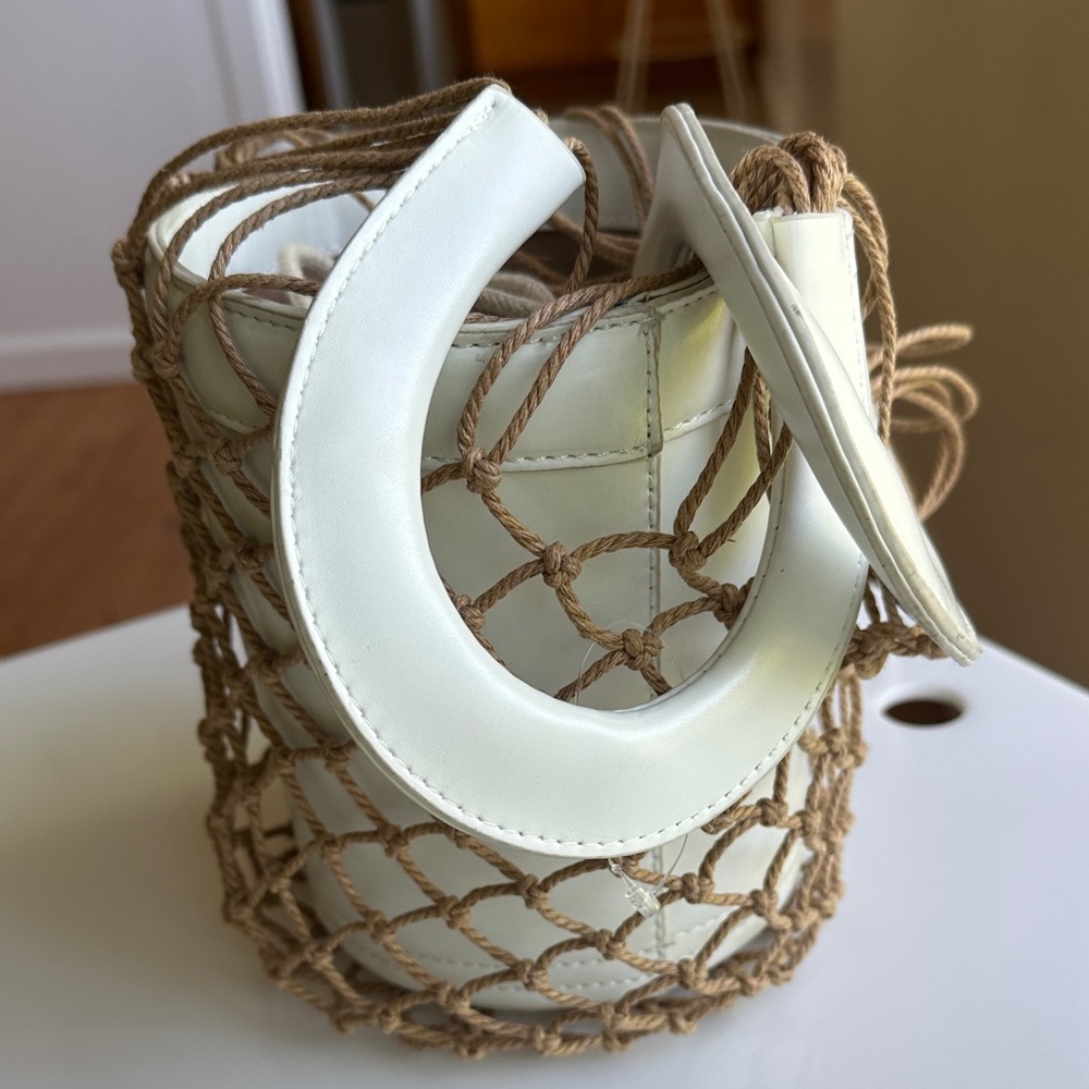 STAUD White Leather Bucket Bag with Tan Woven Net